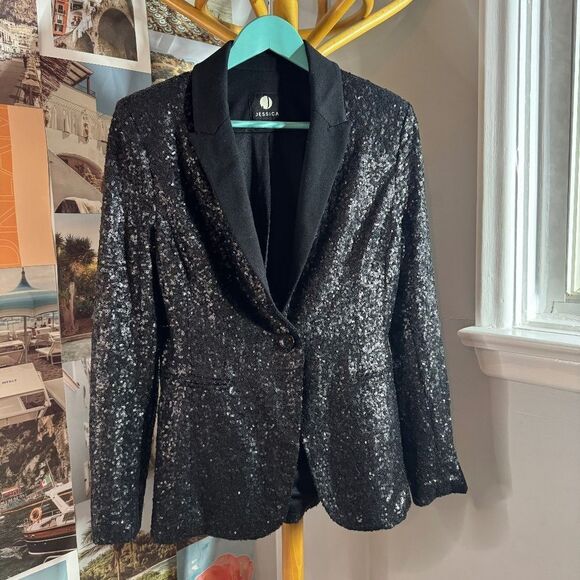 Black Sequin Tuxedo style Blazer. Jessica - 6 - Picture 1 of 6